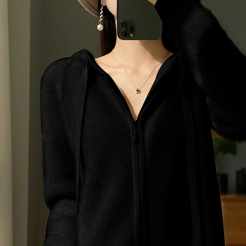 秋と冬のクラシック女性のニットウールパーカー長袖ジッパーセーター通気性ソフトルーズ高品質トップ