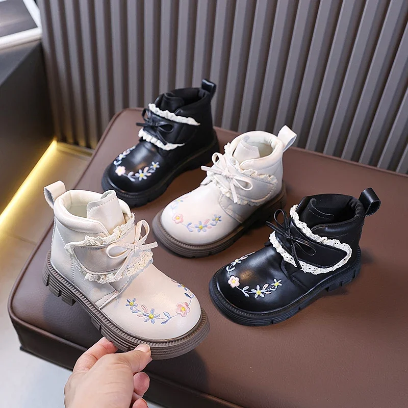 Little Girls Floral Embroidery Ankle Boots, Toddler Sweet Lace Bow Decor Short Boots, Side Zipper Autumn Winter Princess  Boots