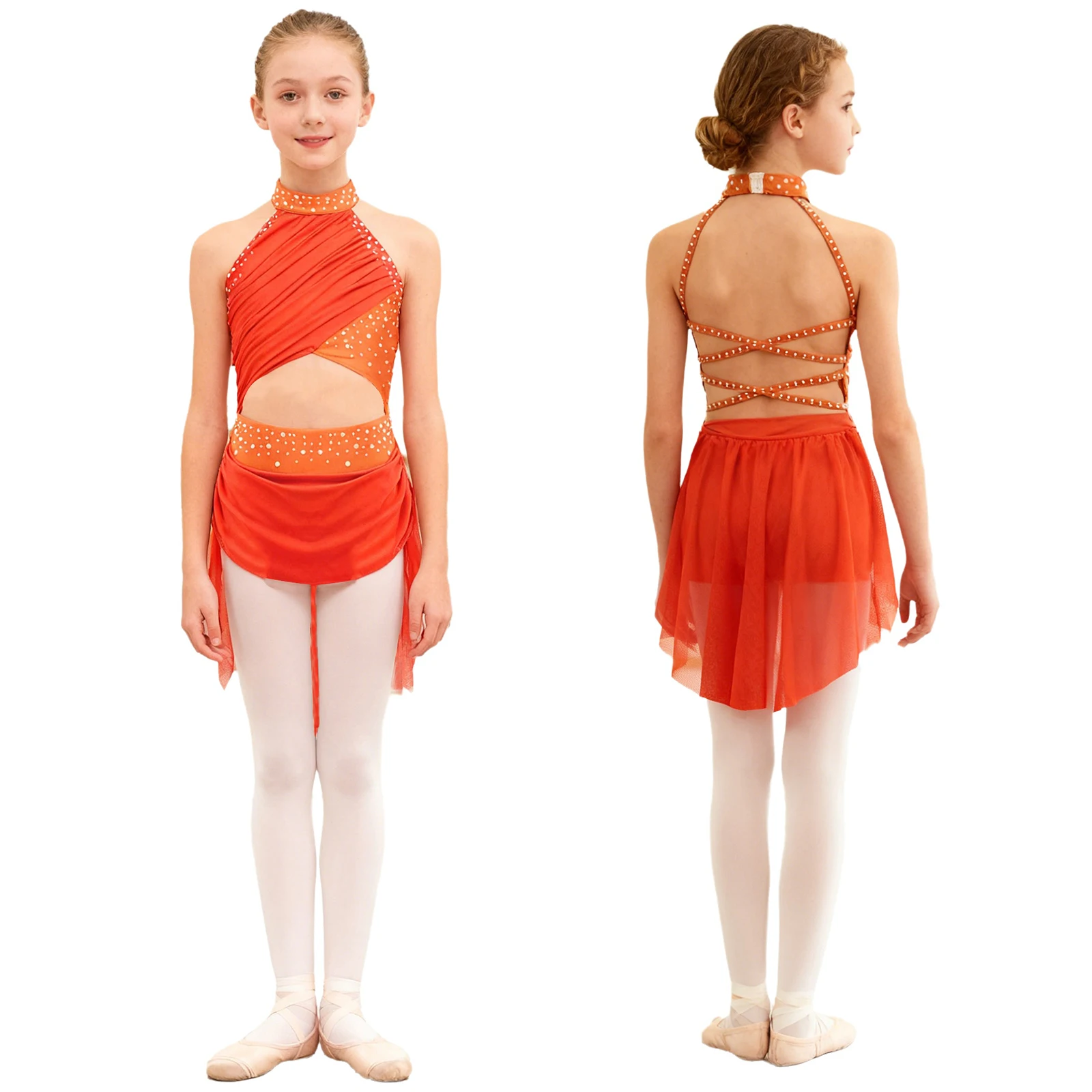 Kid Girl Figure Skating Performance Costume Modern Lyrical Dance Ballet Gymnastics Leotard Dress Sleeveless Rhinestone Dancewear