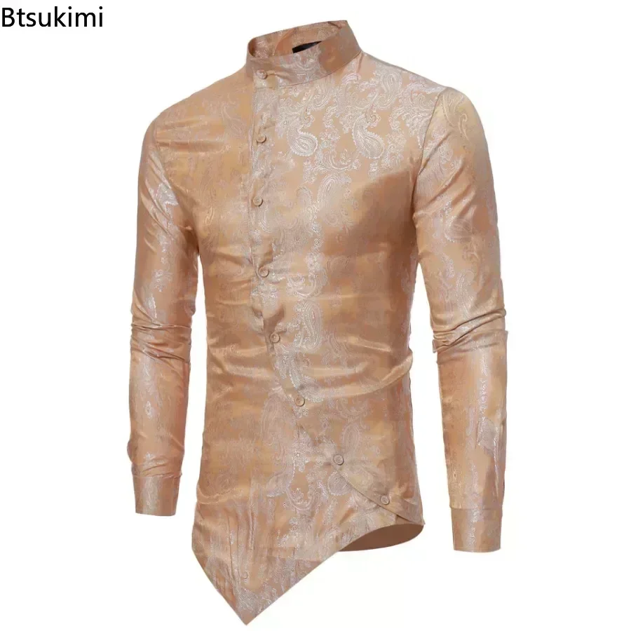 2026 Men\'s Irregular Oblique Hem Shirts Fashion Printed Stand Collar Button Long Sleeve Shirts Slim Casual Social Shirts for Men