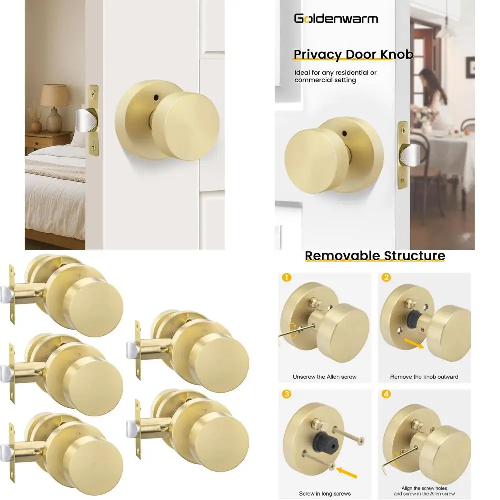 

5-Pack Heavy Duty Zinc-Alloy Brushed Gold Privacy Door Knobs for Interior, Suitable for Bedrooms and Bathrooms