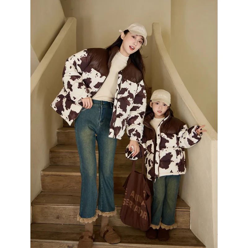 

Family Matching Winter New Mother and Daughter Cotton Jacket Boys and Girls Milk Pattern Hand-Packed Down Cotton Puffer Jacket