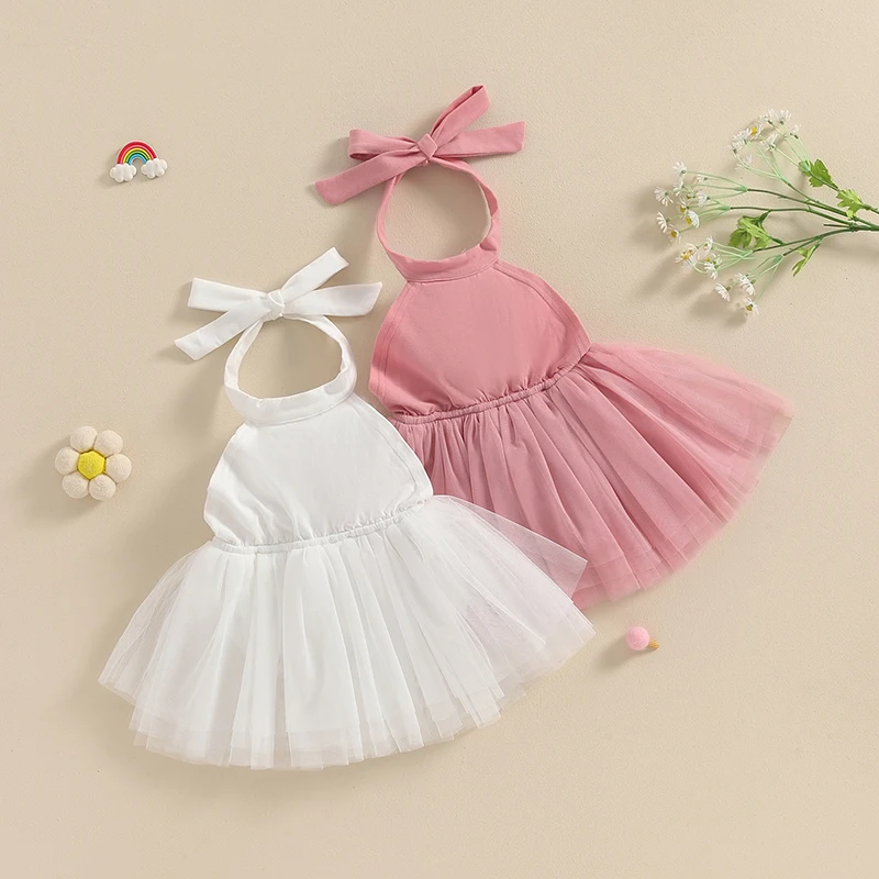 

Tregren Infant Baby Girls Mesh Tulle Dress Summer Sleeveless Tie-Up Halter Neck Backless Solid Color Sweet Princess Dress