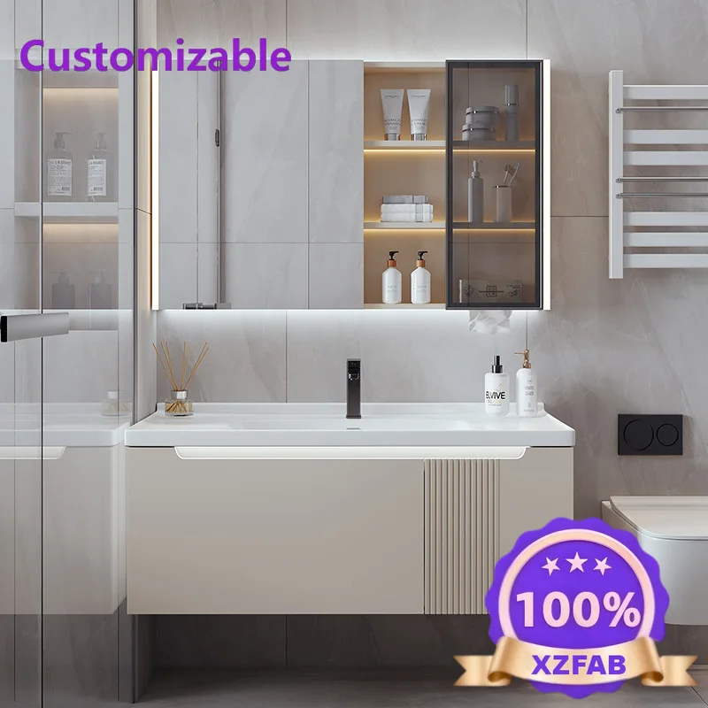 Factory Direct 2026 Modern Solid Wood Door Panel Bathroom Cabinet Integrated Ceramic Basin Wash Face Washbasin