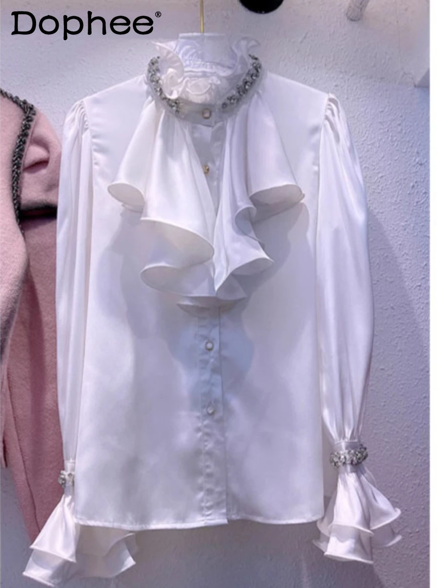 

Palace Style Elegant White Chiffon Shirt Women's Clothing 2023 Spring Autumn Exquisite Rhinestone Drape Versatile Blouse Top