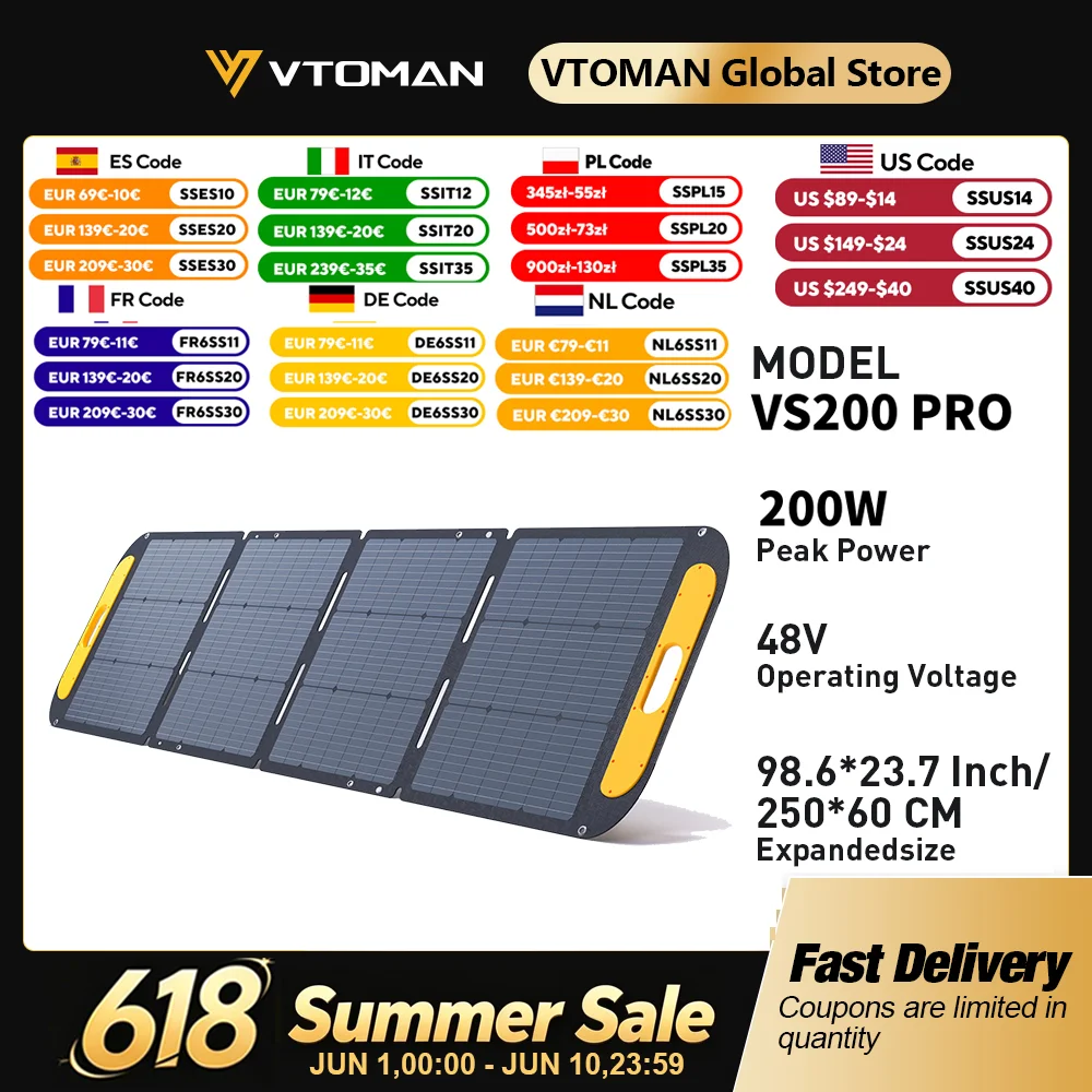 

VTOMAN VS200 PRO 200W Solar Panel Kit Complete 48V Power Portable Outdoor Rechargeable Solar Cell Solar Generator for Home