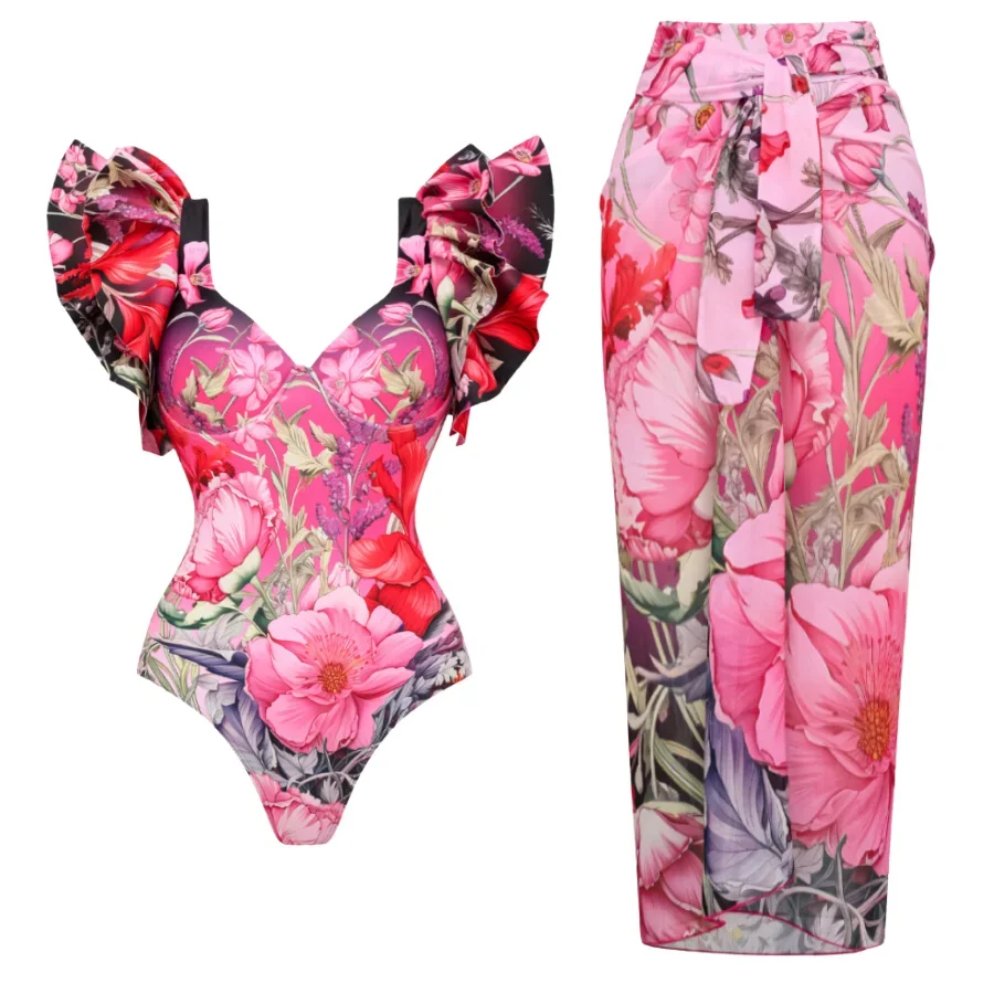 2024 Women Swimwear Ruffled Blooming Flowers Print One Piece Swimsuit and Skirt  Beachwear bikini Two piece Bathing Suit