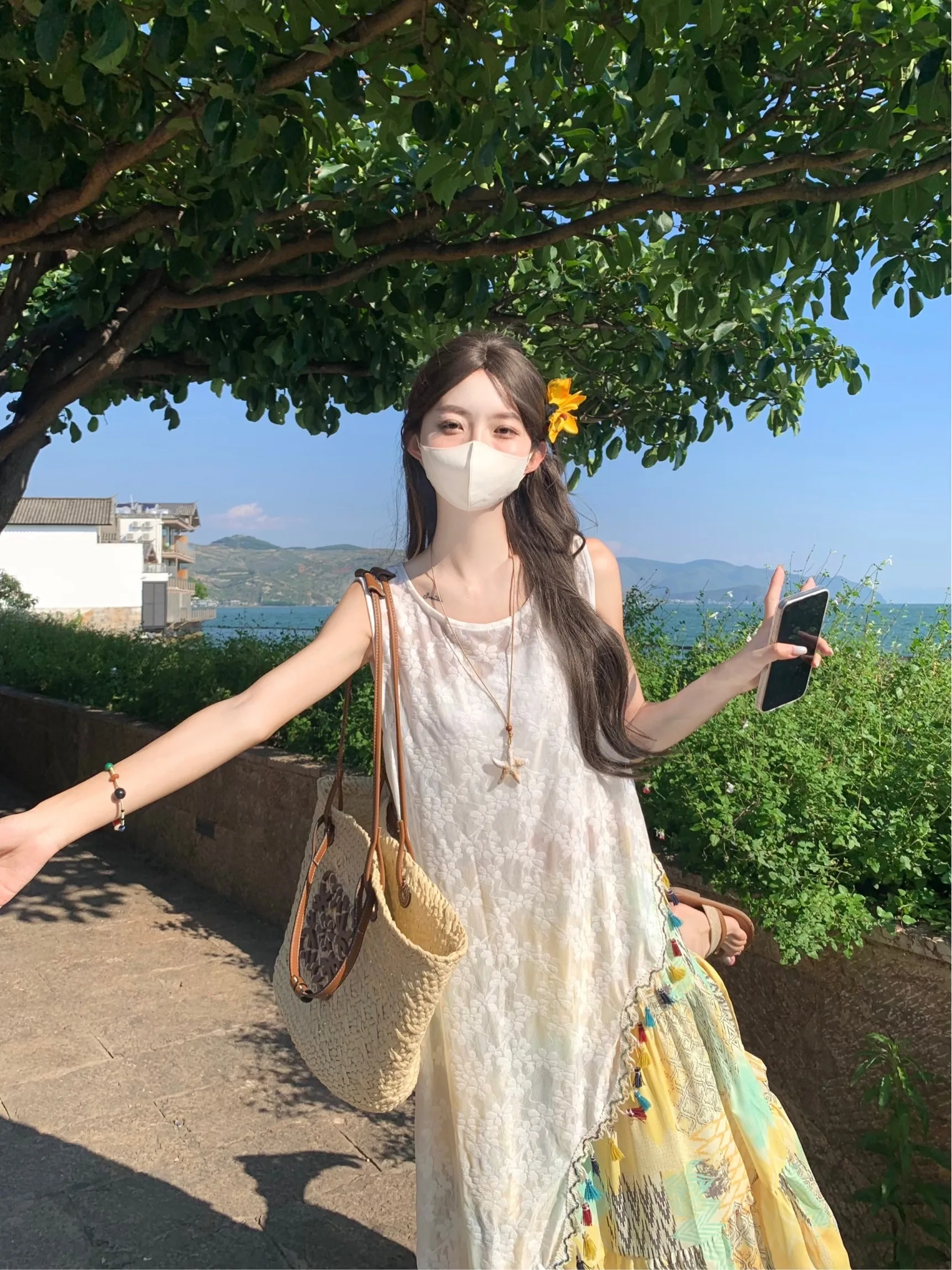 

Summer Vaion Sle Women's Lace ter Dr Set Blue Flower f Skirt Tassel Commute Sle round Ne Two-Piece Set