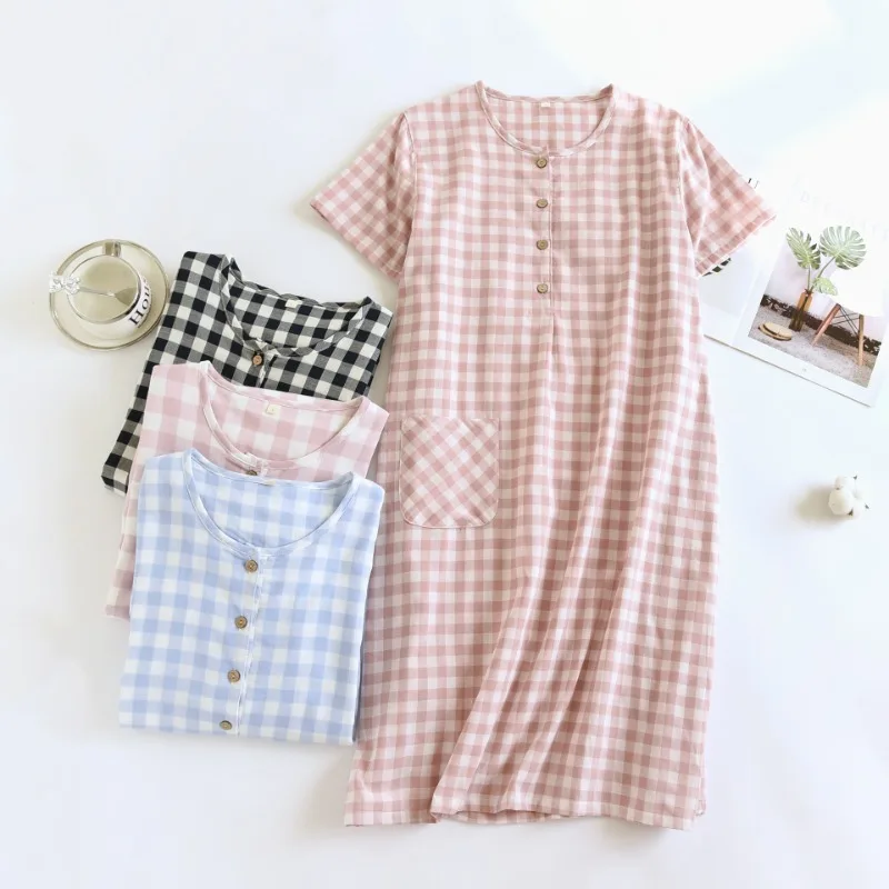 2024 Summer Simple Style Home Dress Yarn-dyed Cotton Double Layer Gauze Pajamas Women's Plaid Nightgowns Short Sleeve Sleepwear