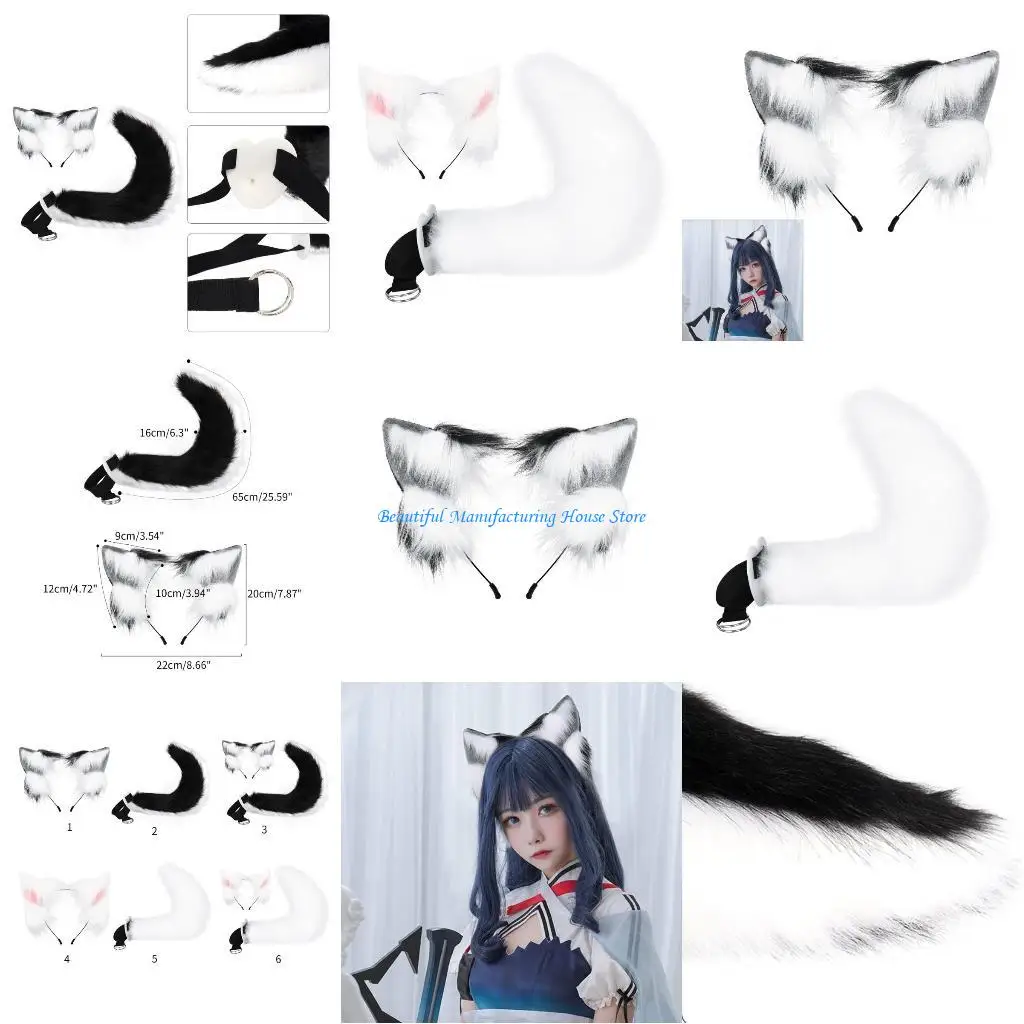 

E56A Funny Ear Headband&Tail Set Multi-color Hairbands Girl Carnivals Hair Decors