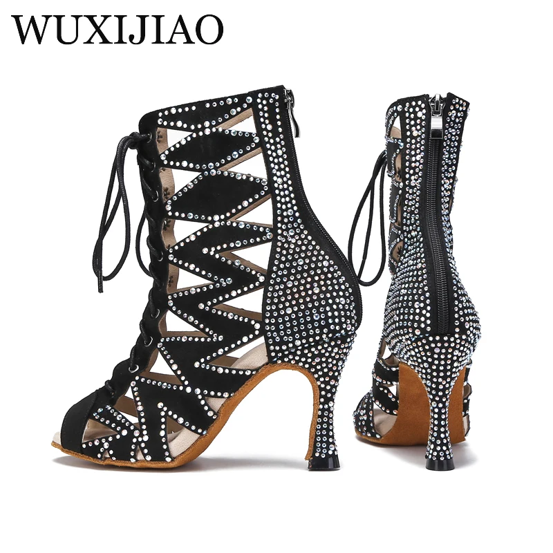 

Ladies High Top Black Ballroom Boots Salsa Tango Dance Shoes Girls Fashion Party Cutouts Heels Sandals Summer
