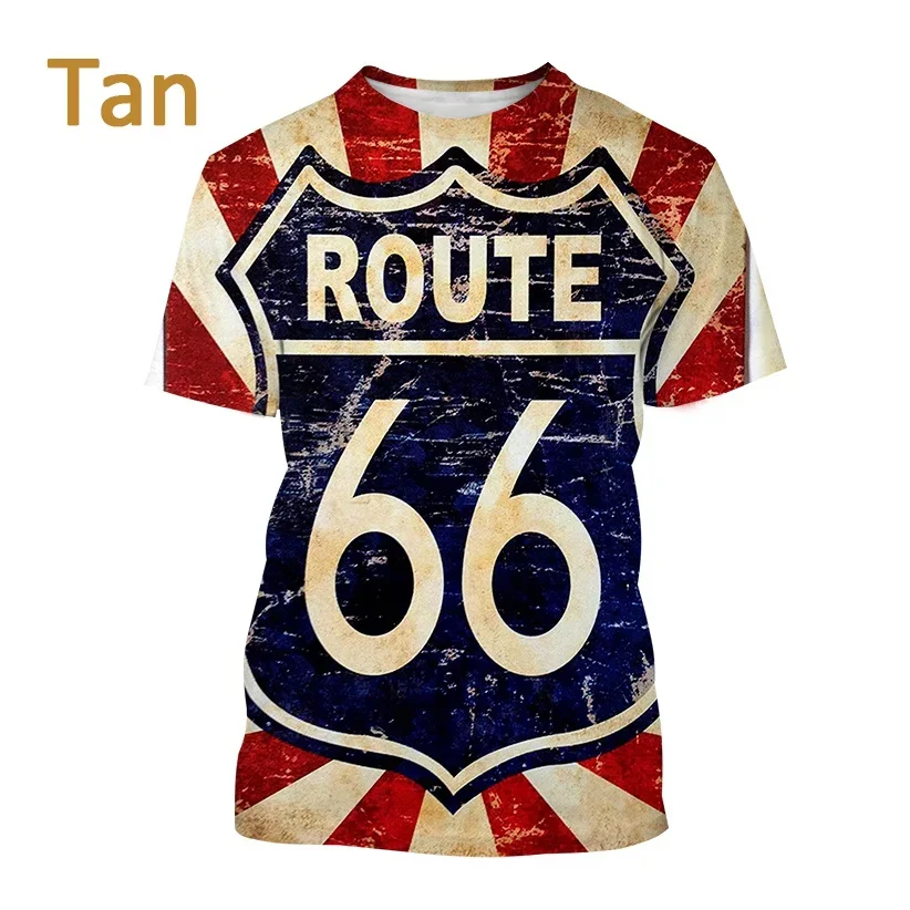 Summer US Route 66 Graphic 3D T-Shirt Casual Pullover Outdoor Street Printed T-shirt Personality Round Neck Loose Top Tees