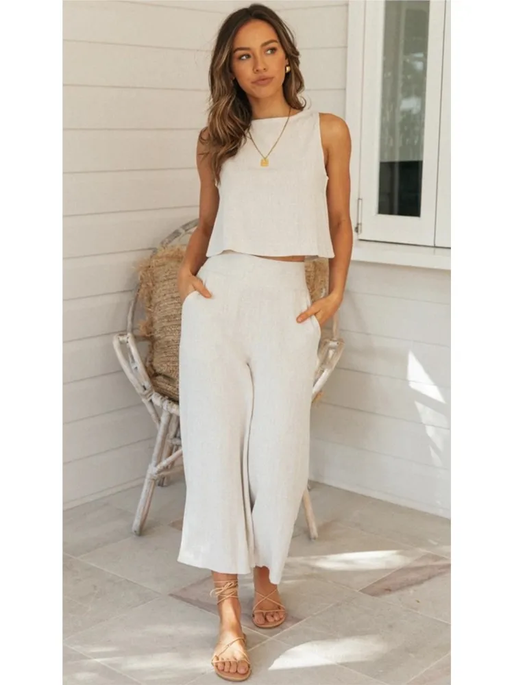 Summer Solid Top Shirt 2 Piece Set Women Fashion O Neck Sleeveless Casual Office Party Sets New 2024 Female Clothing