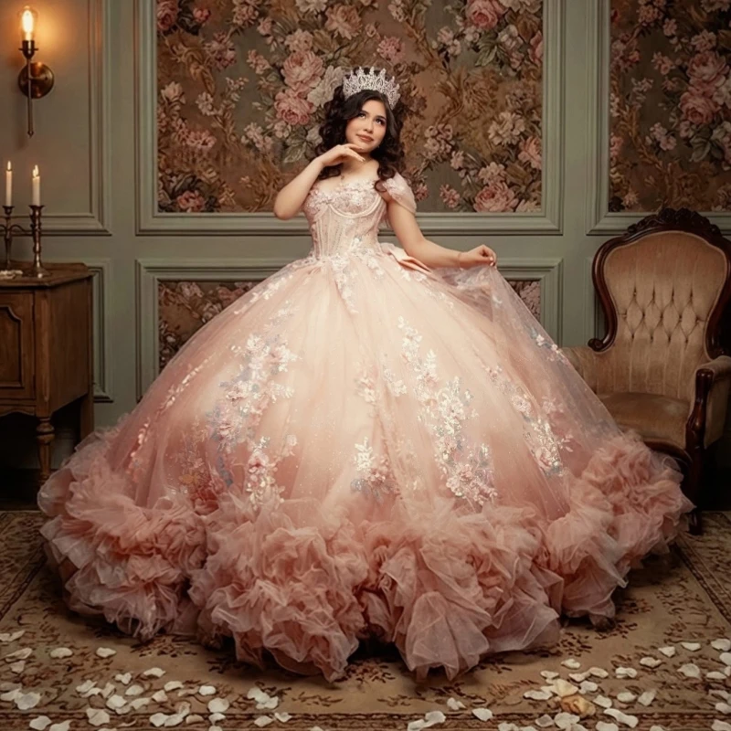 

Pink Shiny Quinceanera Dresses Ball Gown Off The Shoulder Applique Lace Beading Crystal Bow Tiered Tull Corset Party Birthday