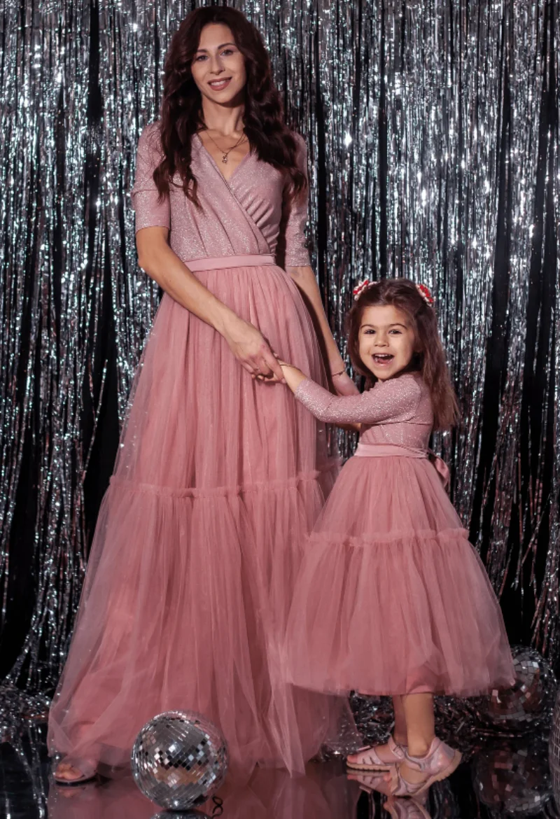 Two Pieces Pink Powder Mother Daughter Matching Gowns Girls Birthday Party Photo Session Wedding Guest Mommy And Me Special Day