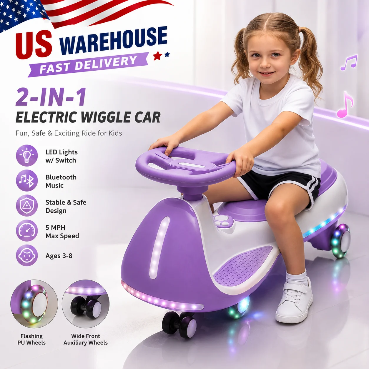 12V Kids Electric Wiggle Car, 2-in-1 Ride On Twist Car with Bluetooth Music, LED Body Lights, Flashing PU Wheels, Wide Stabilizer Wheels, Triangular Stability Frame, 55W Dual Motor, 5 MPH Max Speed for Kids Ages 3-8
