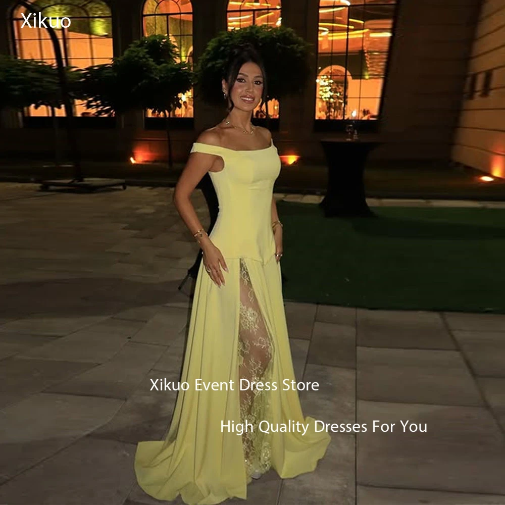 

Xikuo Formal Yellow Satin Evening Gowns A Ling Strapless Pleated Robe Cocktail Femmes Summer Lace Party Prom Dresses Customized