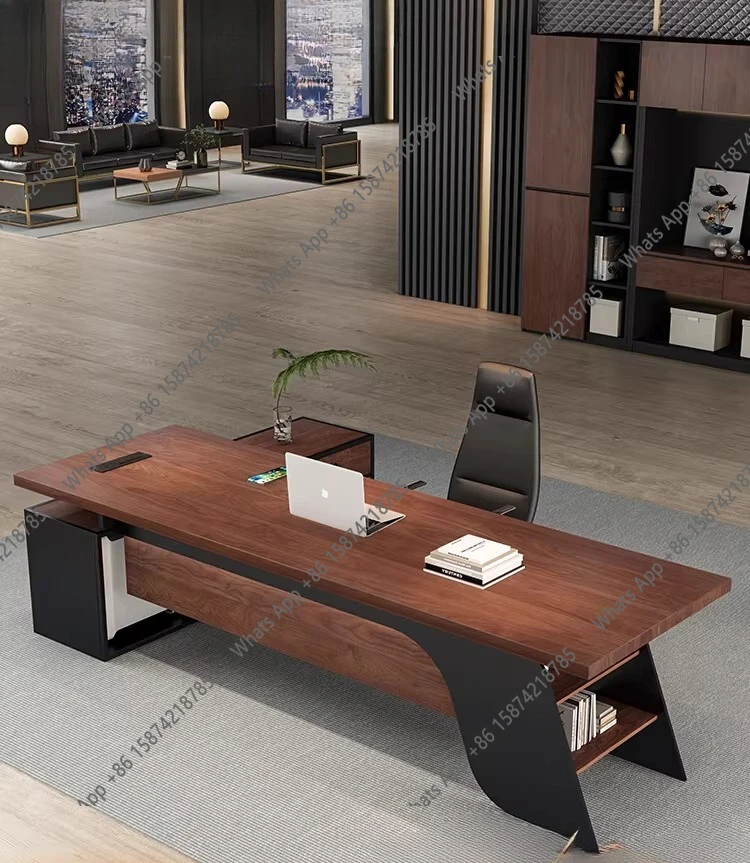 

Walnut office computer desk president manager office creative desk solid wood boss table with side cabinet