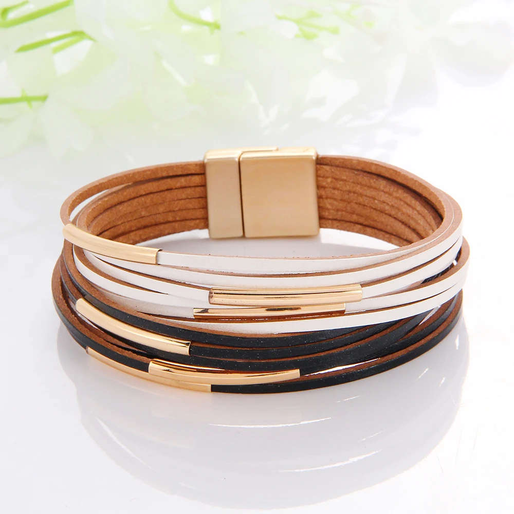 WYBU Multilayer Leather Women\'s Bracelet Metal Copper Tube Leather Wound Magnet Buckle Bracelet Exquisite Color Matching Jewelry