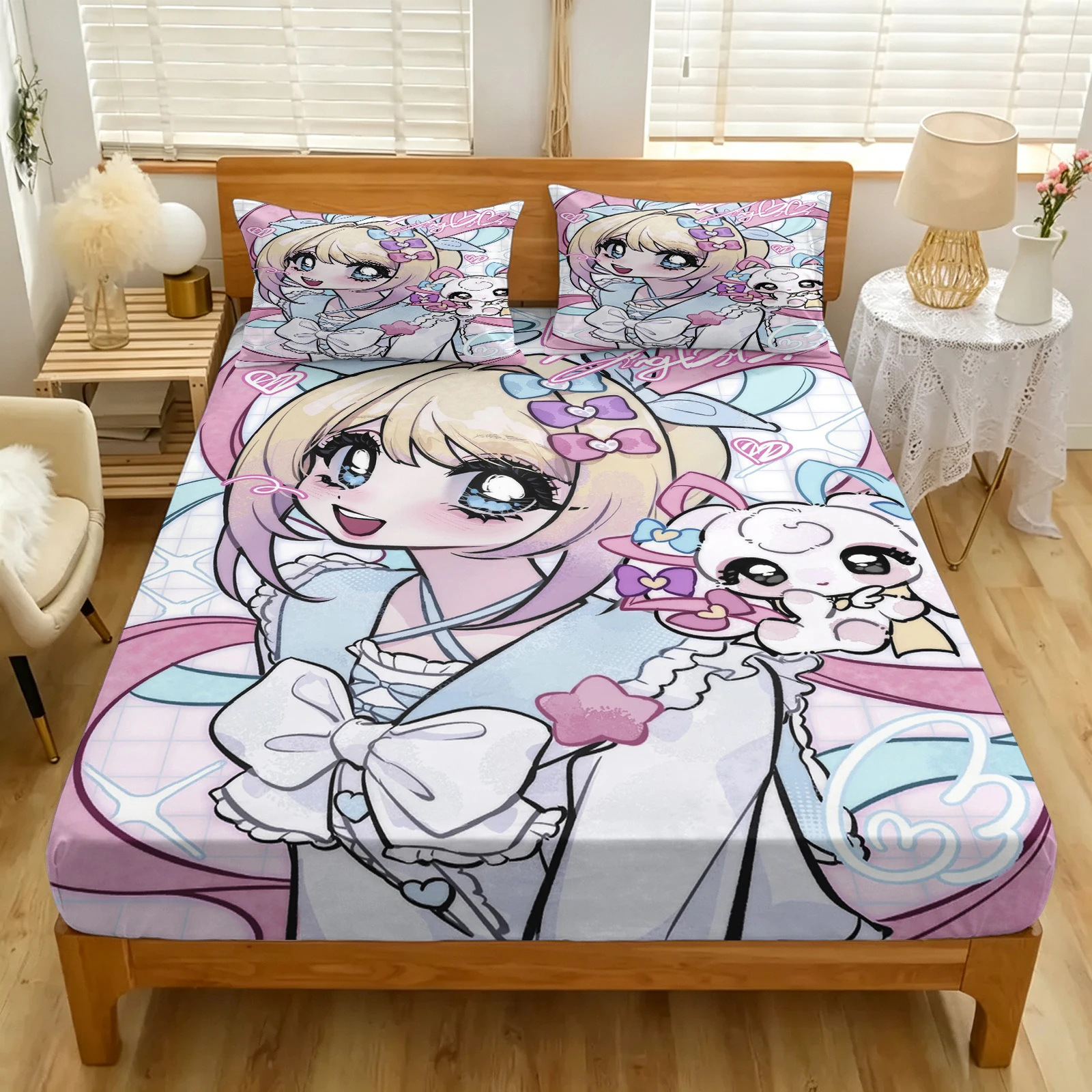 NEEDY GIRL OVERDOSE Bedding Set Anime Girl Printed Fitted Sheet Pillowcases Cartoon Dot Mattress Cover Bedroom Home