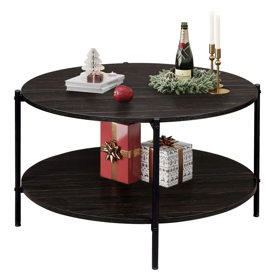 

Round Coffee Table for Living Room, 32.6 Small Coffee Table with Open Storage Shelf, 2Tier Industrial Circle Wood Center Table