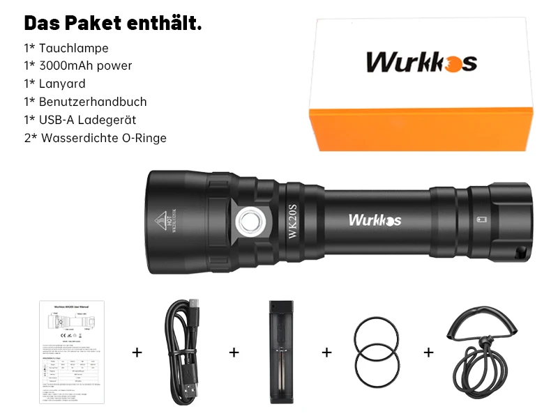 Wurkkos WK20S Leistungsstarke Tauchtaschenlampe, IPX8, wasserdicht, Tauchlicht, wiederaufladbar, max. 2000 Lumen, SST40 HD LED, 4 Modi