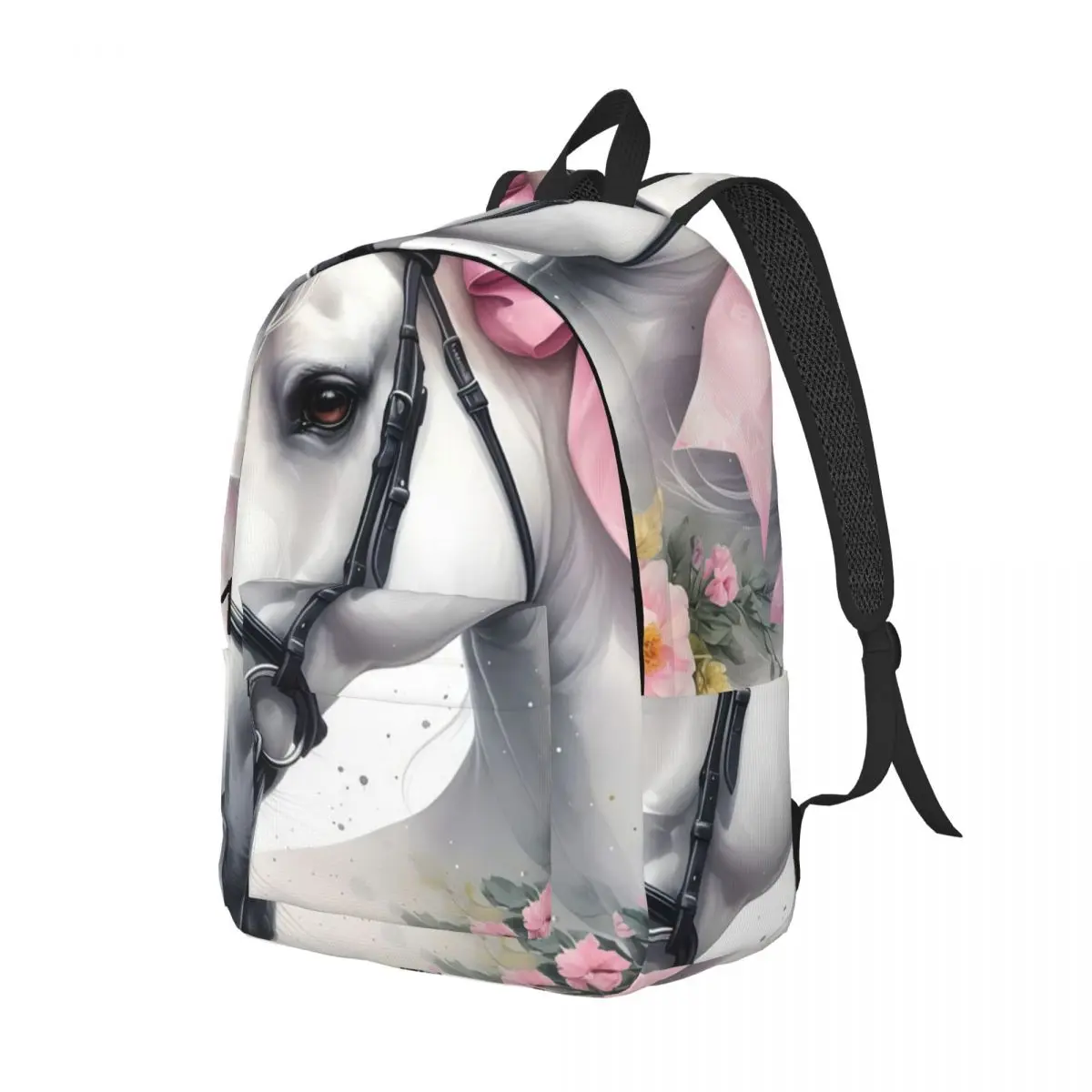 Cute Kawaii School Backpack Clustered Horse Pink Bow Butterfly Flowers Soft Botanical White Pink Gre Dreamy Daypack for Teens