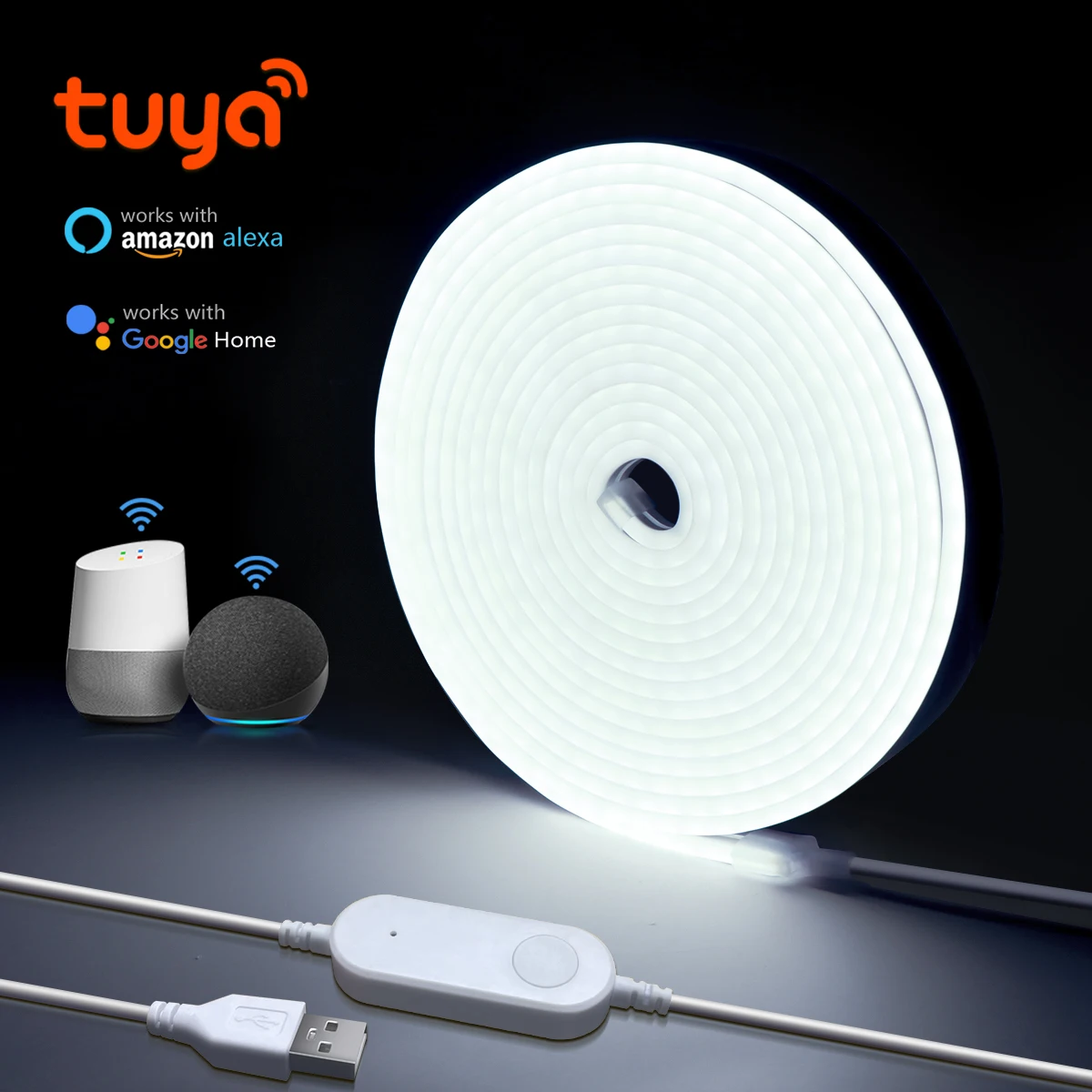 Tuya WiFi USB 5V Neonowa taśma LED 1m 2m 3m Wodoodporna ściemnialna lampa Ciepła biała biel 3000-6500K dla Alexa Google Home Assistant