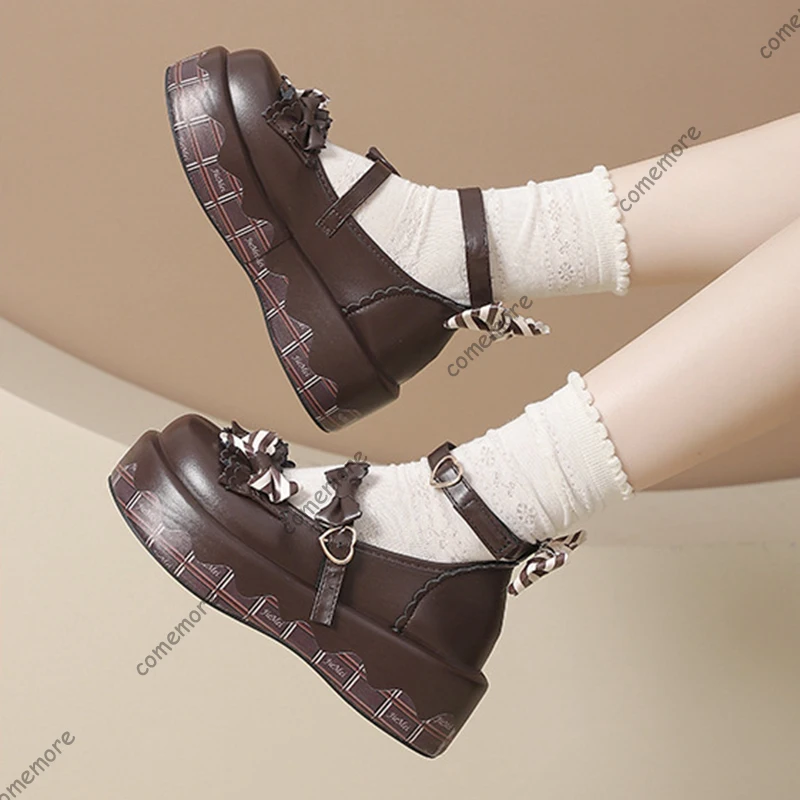 Comemore Women's Cute Sweet Lolita Mary Janes Shoes Bowknot Ankle Buckle Round Toe Platform Versatile JK Leather Punps Shoes
