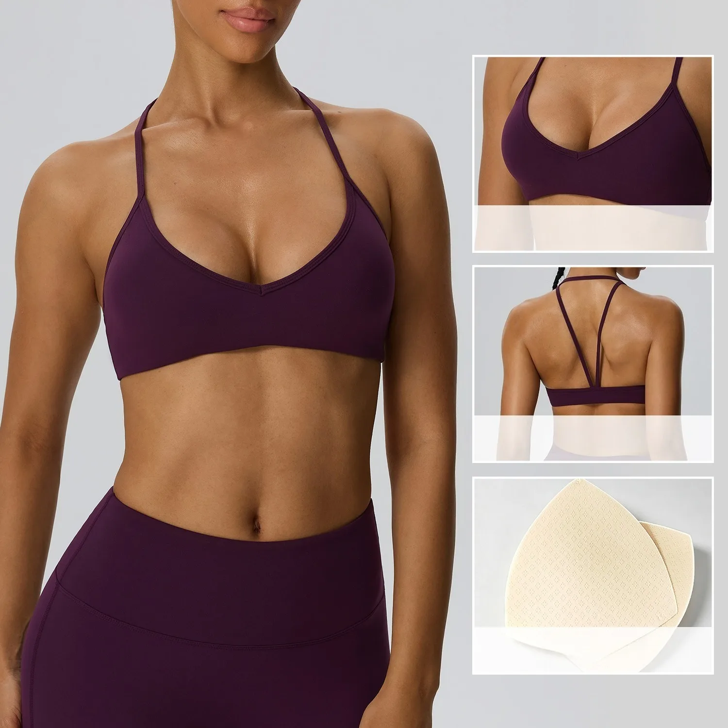 Women Halter V-Neck Beauty Back Sports Bra Naked Feel Double-Sided Brushed Yoga Fitness Workout Tank Top