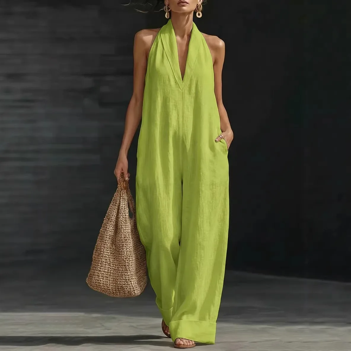 2026 Hanging Neck Sexy Solid Color Elegant Comfortable Loose Jumpsuit Women's Summer New Versatile Commuting Daily Simple Pants view 3