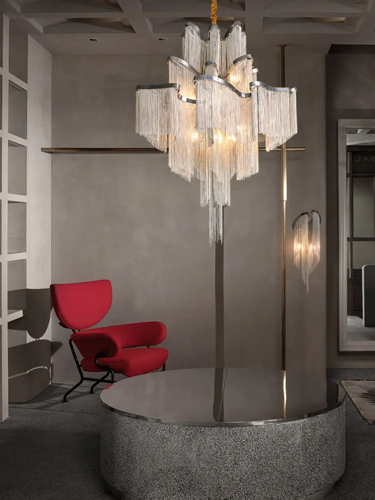 Nordic postmodern tassel lamp, duplex loft apartment, Italian villa, living room, dining room, staircase, chandelier