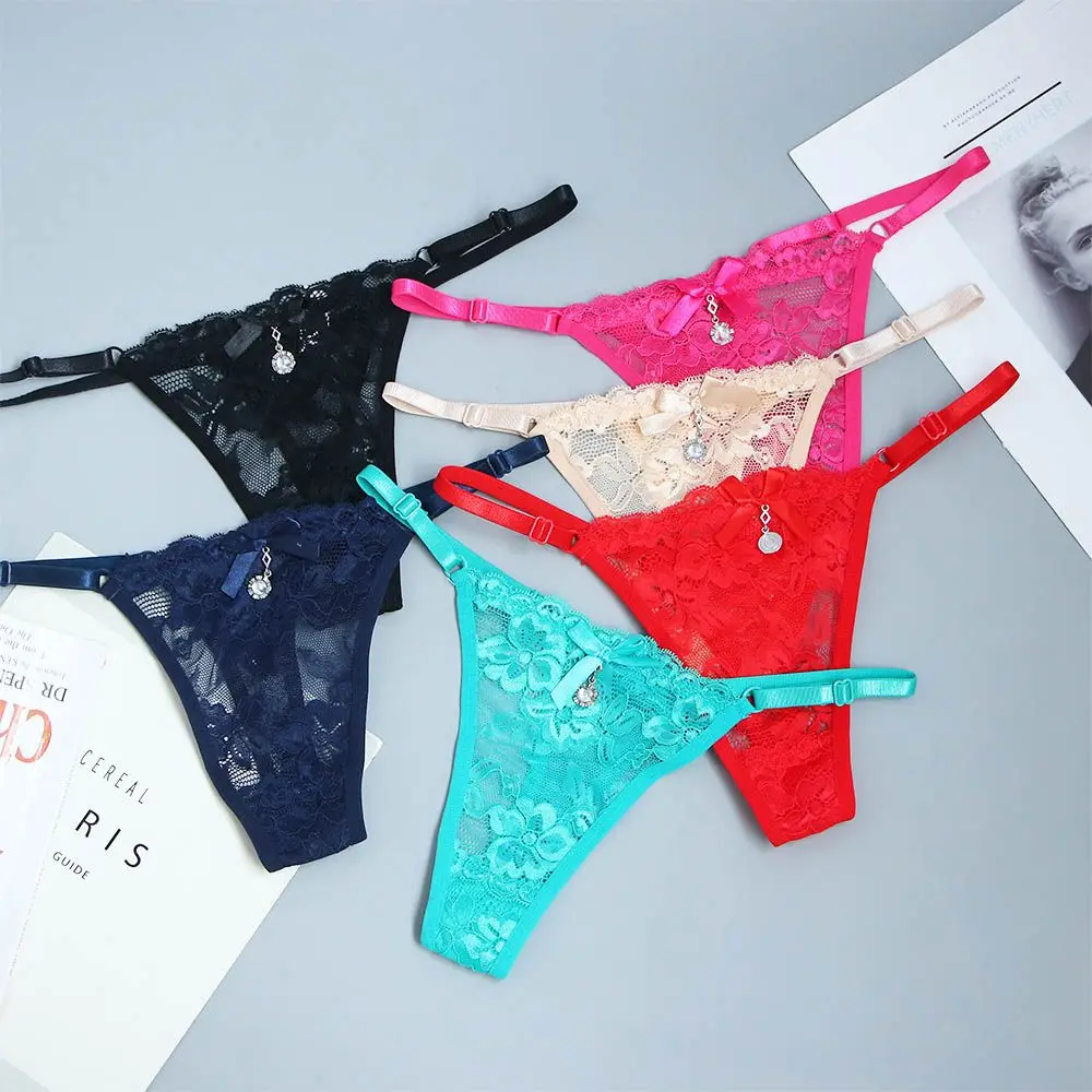 Female Seamless T-Back G String Low-waist Cotton Crotch Sexy Briefs Women Thong Lace Panties Pendant diamond