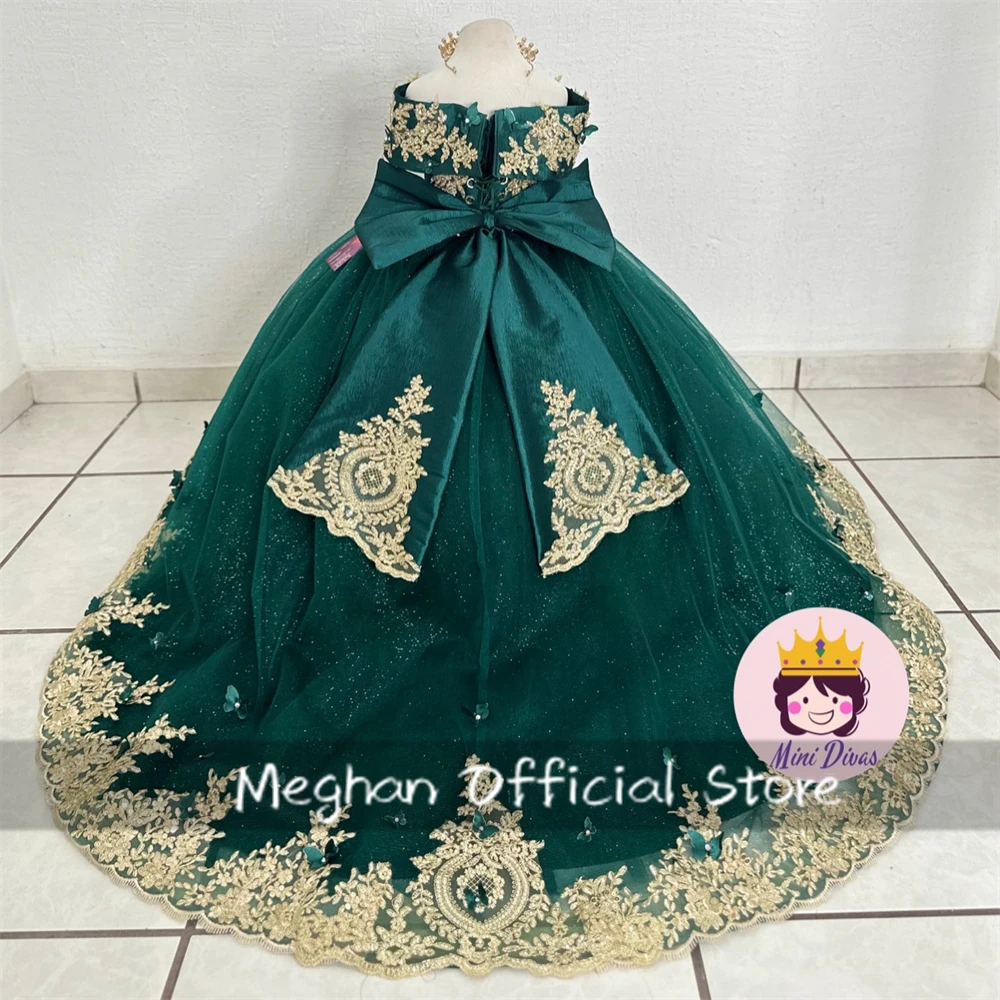 Verde smeraldo al largo della spalla farfalla fiore ragazza abiti perline Appliques carino bambini vestito fiocco principessa abito Robe De Bal