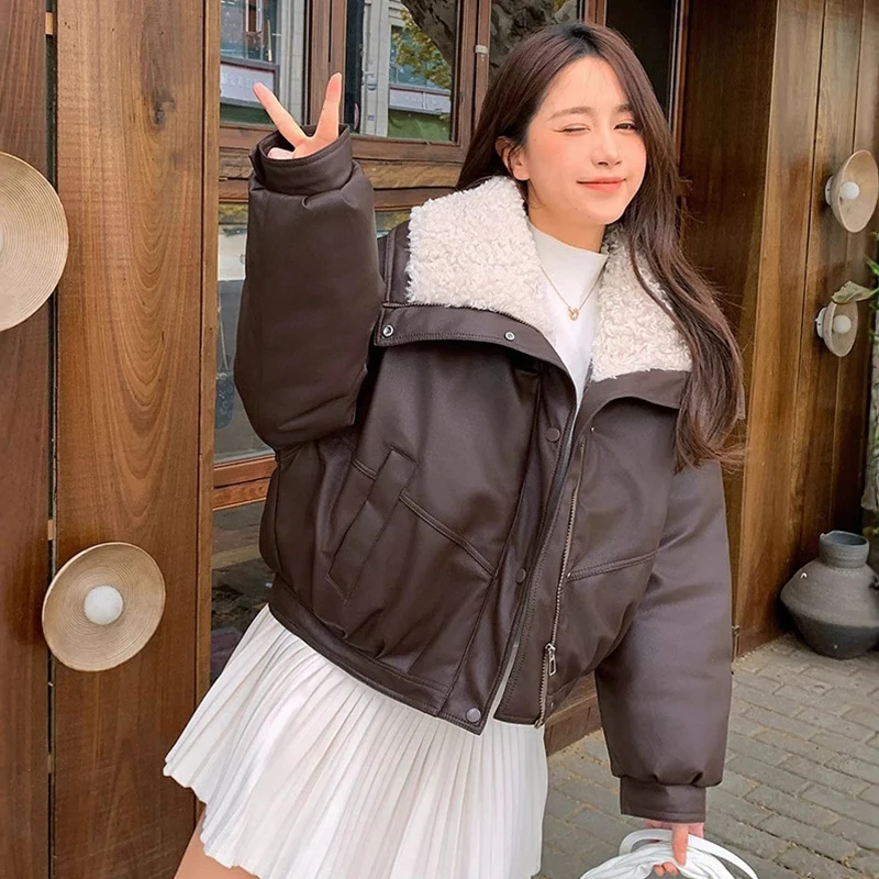 

Chic Faux Lamb Wool Parkas for Women Turn Down Collar Warm Parkas Woman Winter Zipper Up Thickened Leather Jacket