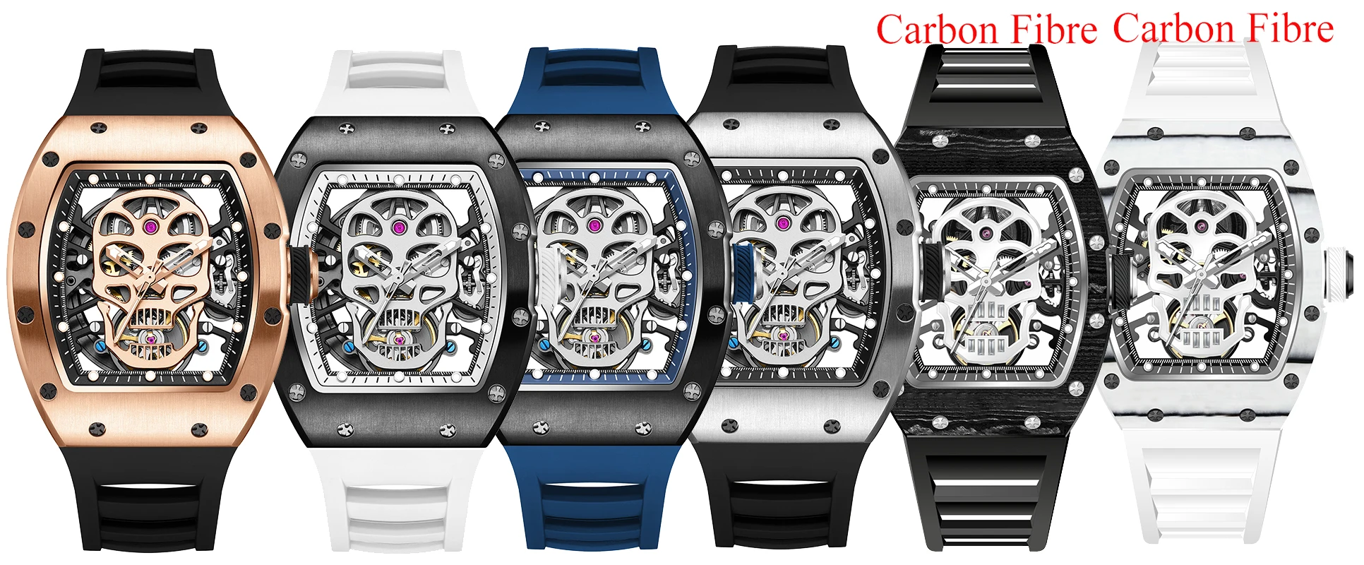 

Automatic Skeleton Watch Mechanical Movement Waterproof Tonneau Wristwatch with Silicon Strap for Sports Casual Hollow Design