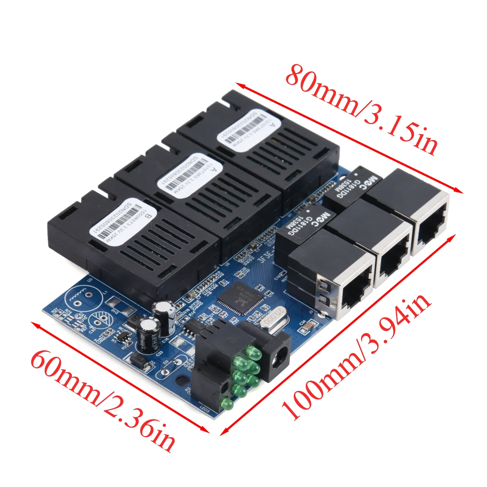 10M/100M PCBA Board Fiber Optic Media Converter 3 RJ45 to 3 SC Optic Connector 20KM Ethernet Switch 1310nm/1550nm 2A+1B Ports