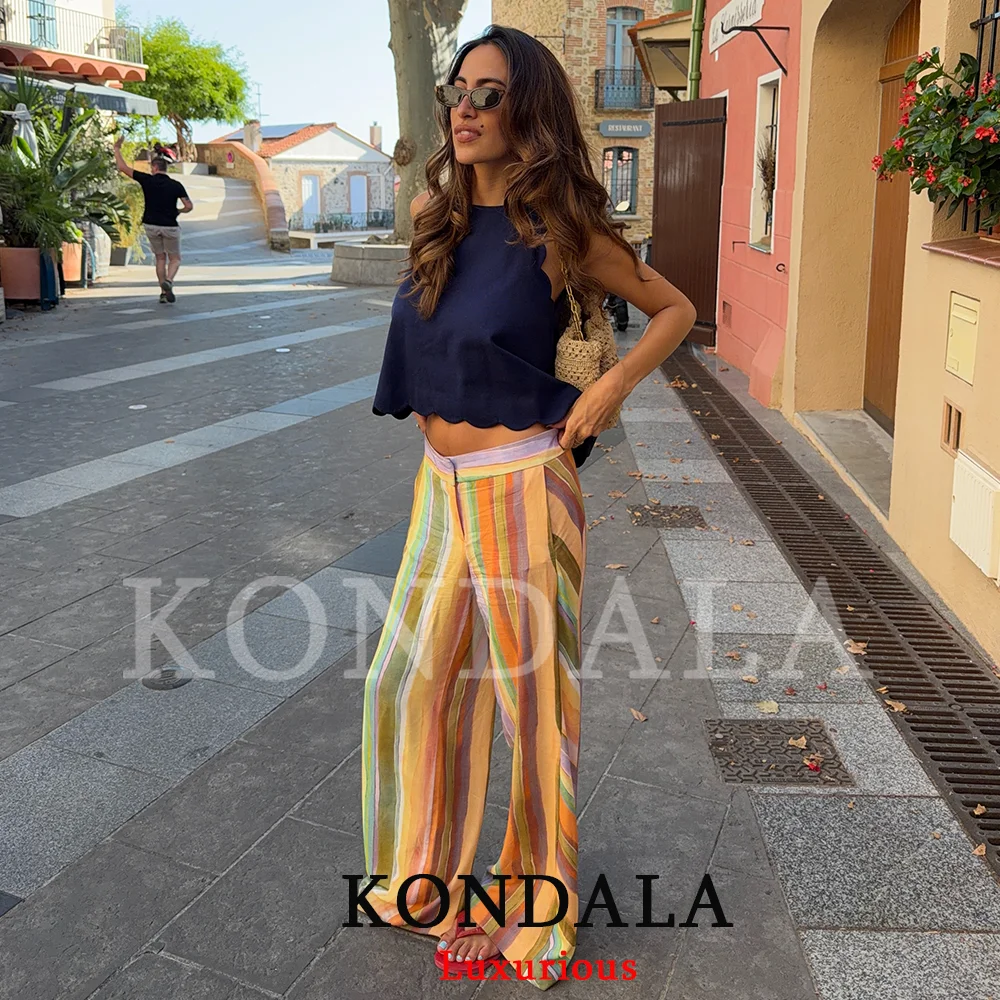 KONDALA Sweet Casual Women Pants Suit Stripe Sleeveless Backless Halter Top Long Zipper Pants Fashion 2026 Summer Fall Boho Suit