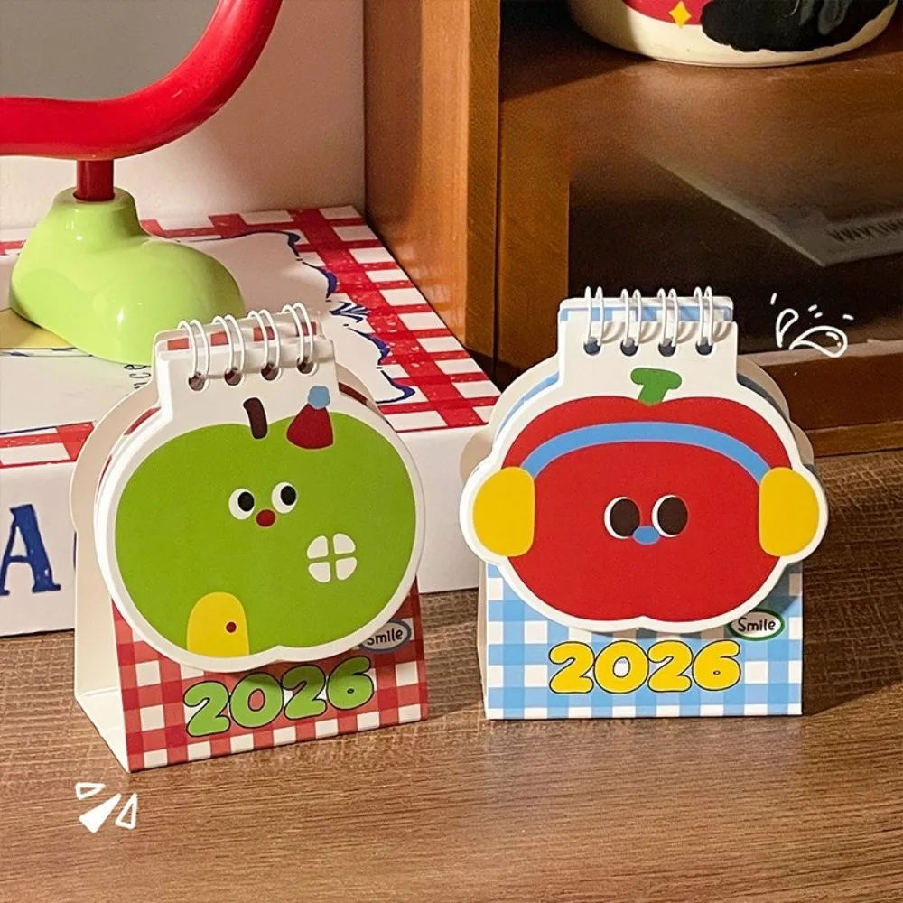 

Простой настольный календарь с милым мультяшным мини-календарем 2026 — креативный календарь в спиральном переплете Apple для украшения рабочего стола и офисных канцелярских принадлежностей