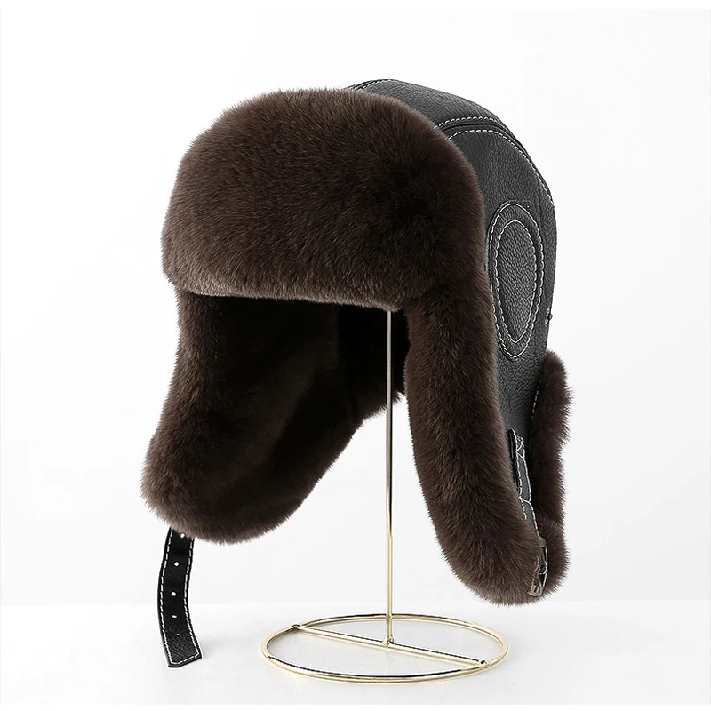 2024 Winter Men's 100% Real Rex Rabbit Fur Bomber Hat Ushanka Cap Trapper Russian Man Ski Hats Caps Real Sheepskin Leather