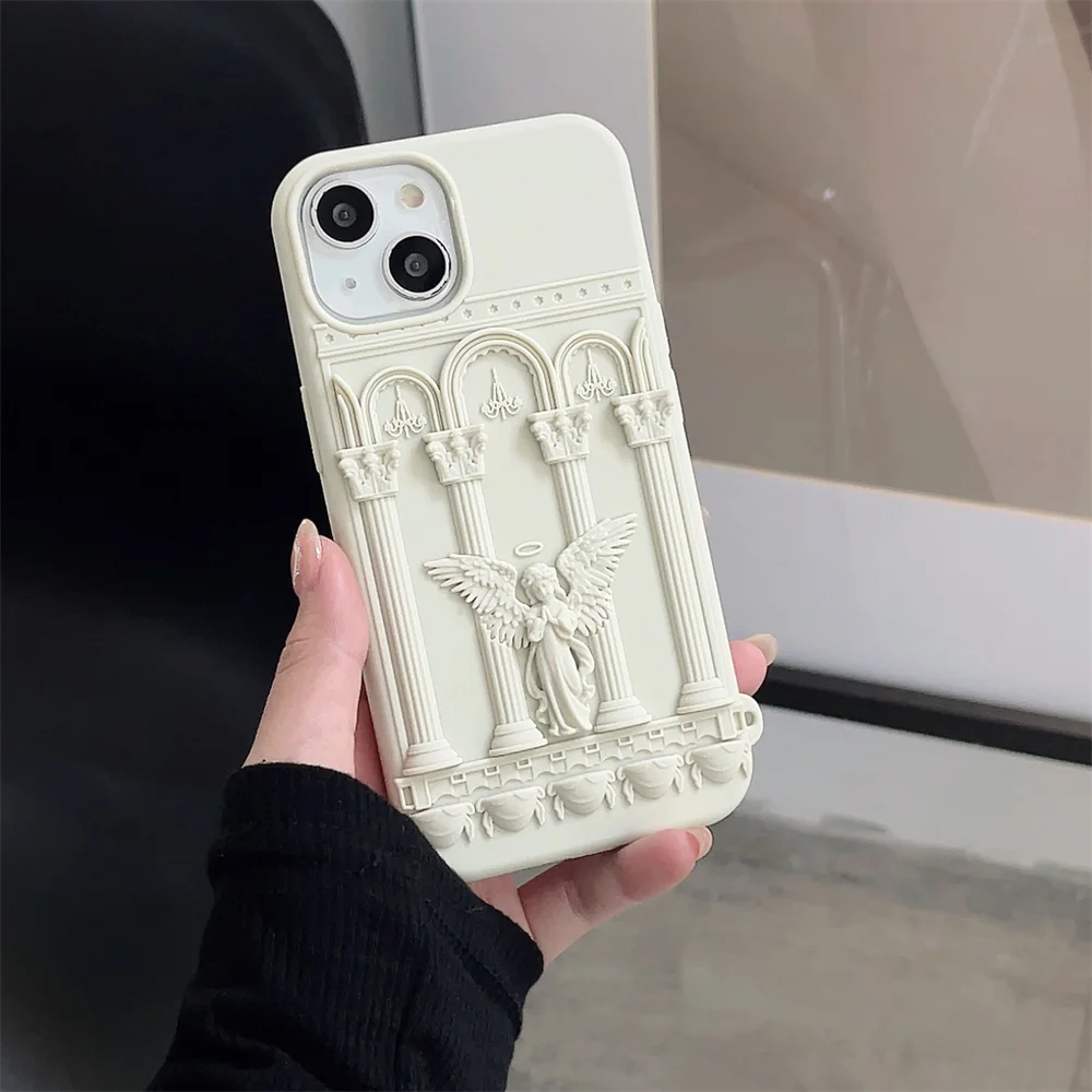 

Retro Roman Pillar Angel Statue Embossed Phone Case For iPhone 14 Pro Max 13 12 11 15 Pro Max Cute Silicone Protective Cover