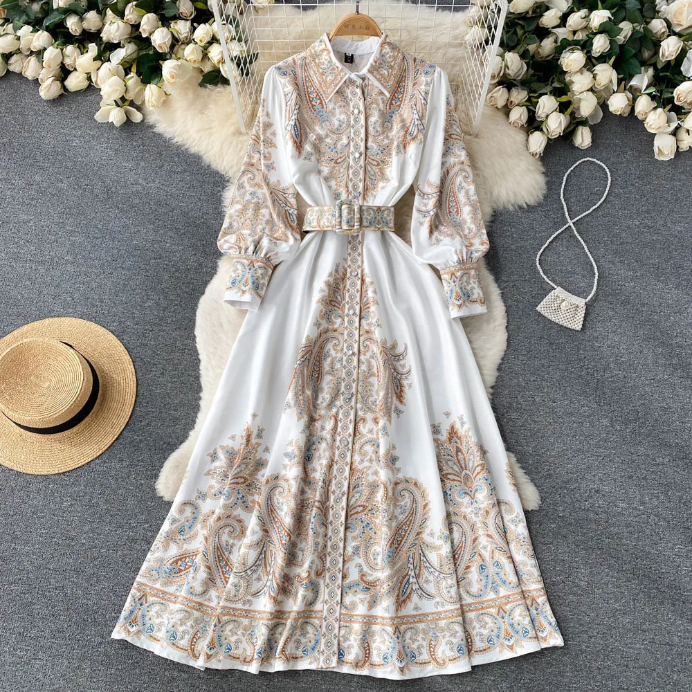 2024 Palace Style Retro Printed Temperament Shirt Long Skirt Autumn And Winter New Style High-End French Waist Cinching Dress