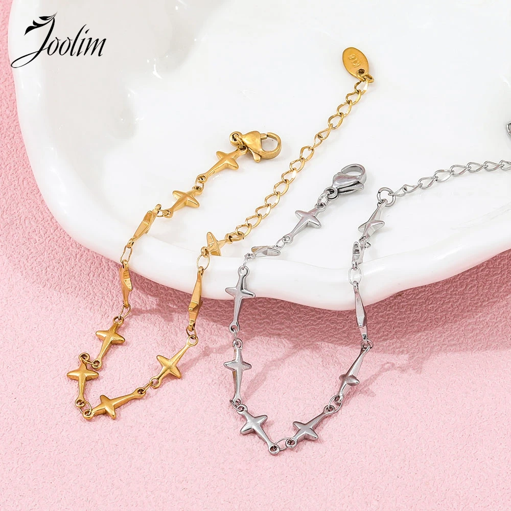 Joolim Jewelry Wholesale High End PVD Waterproof&No Fade Vintage Quadruple Star Pave Chain Stainless Steel Bracelet for Women