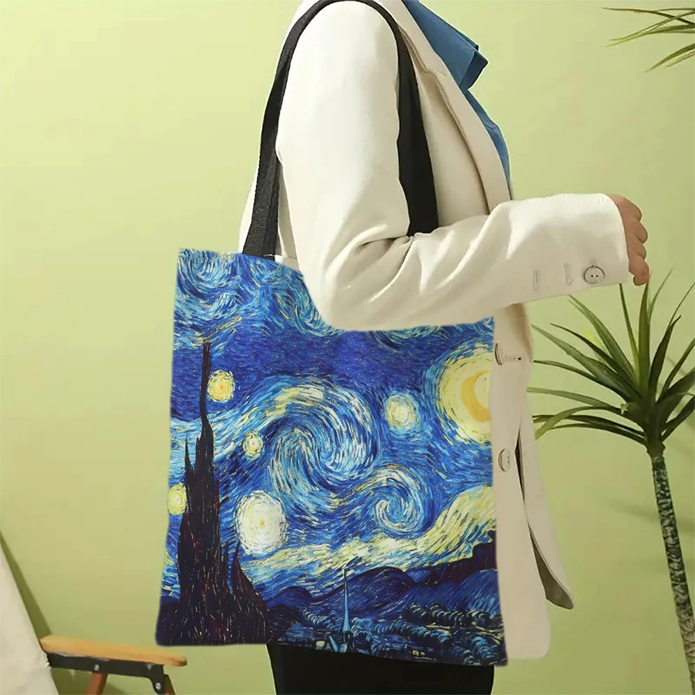 Sac à main léger en lin de la série Van Gogh, peinture à l'huile, nuit étoilée, tournesol, abricot, porte-café, initié