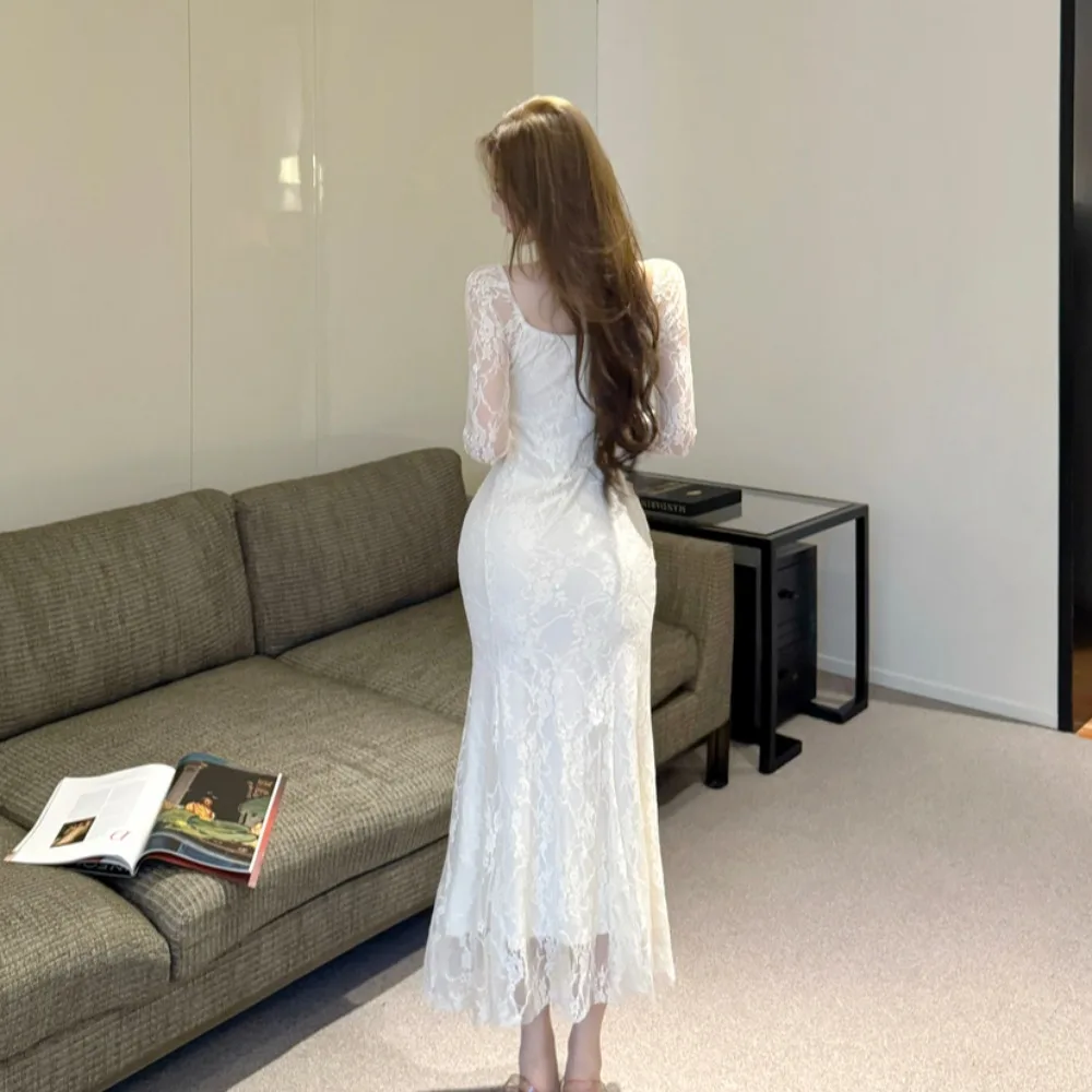 

Sweet Gentle Pure Desire Lace Trim Faion Slim Fit Fi Tail Dr High Waist Long Sve Autumn New Sle Women's Dr