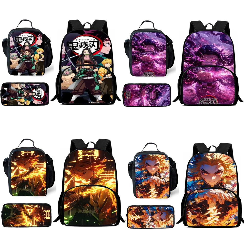 3Pcs Set Anime Demon Slayer Child Backpacks Lunch Bag Pencil Case Pupil Large Capacity School Bags For Boy Girl Best Gift