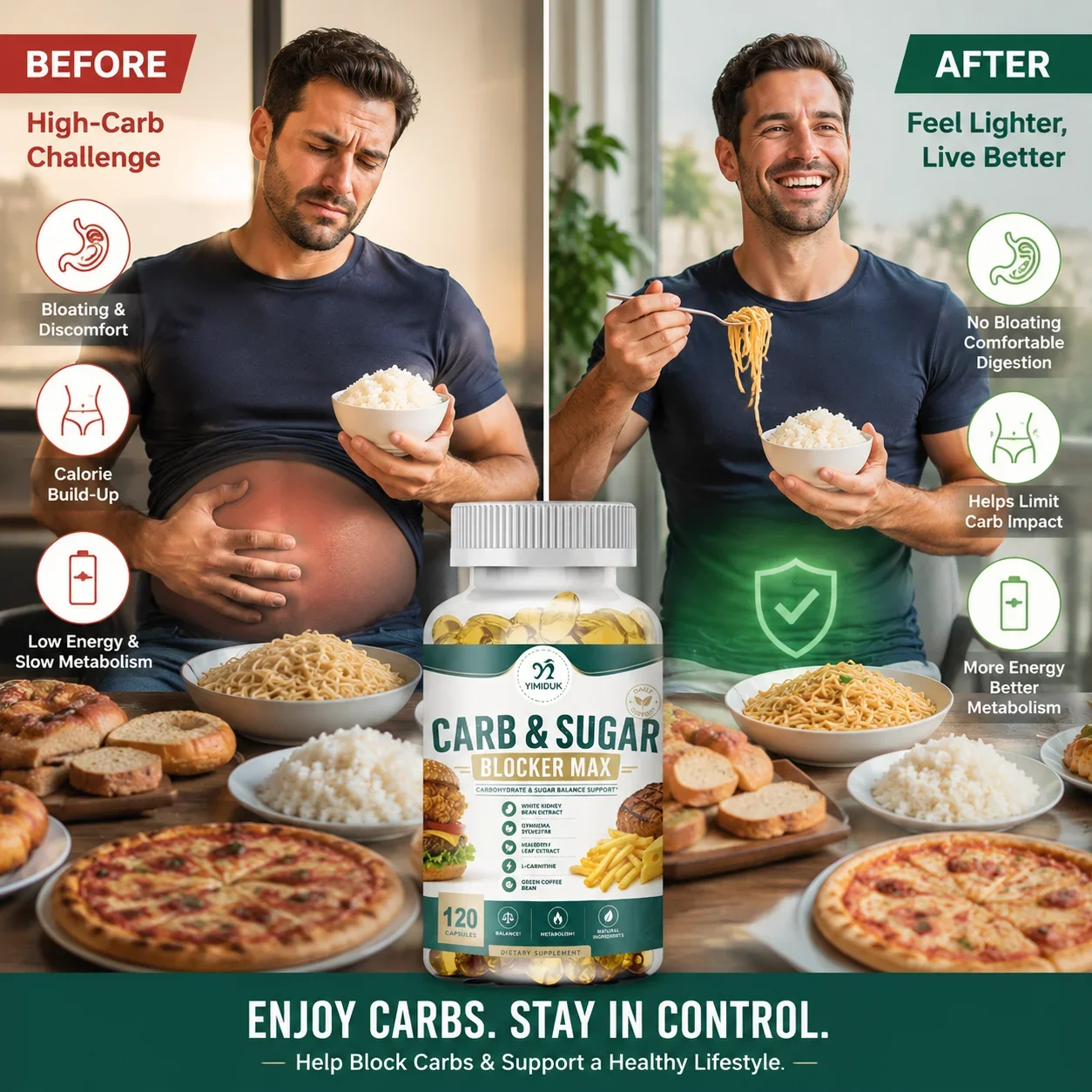 Carb & Sugar Blocker Capsules, with Mulberry Leaf, Green Coffee Bean, Balance Blood Sugar, Block Carb Absorption, Fat Metabolism