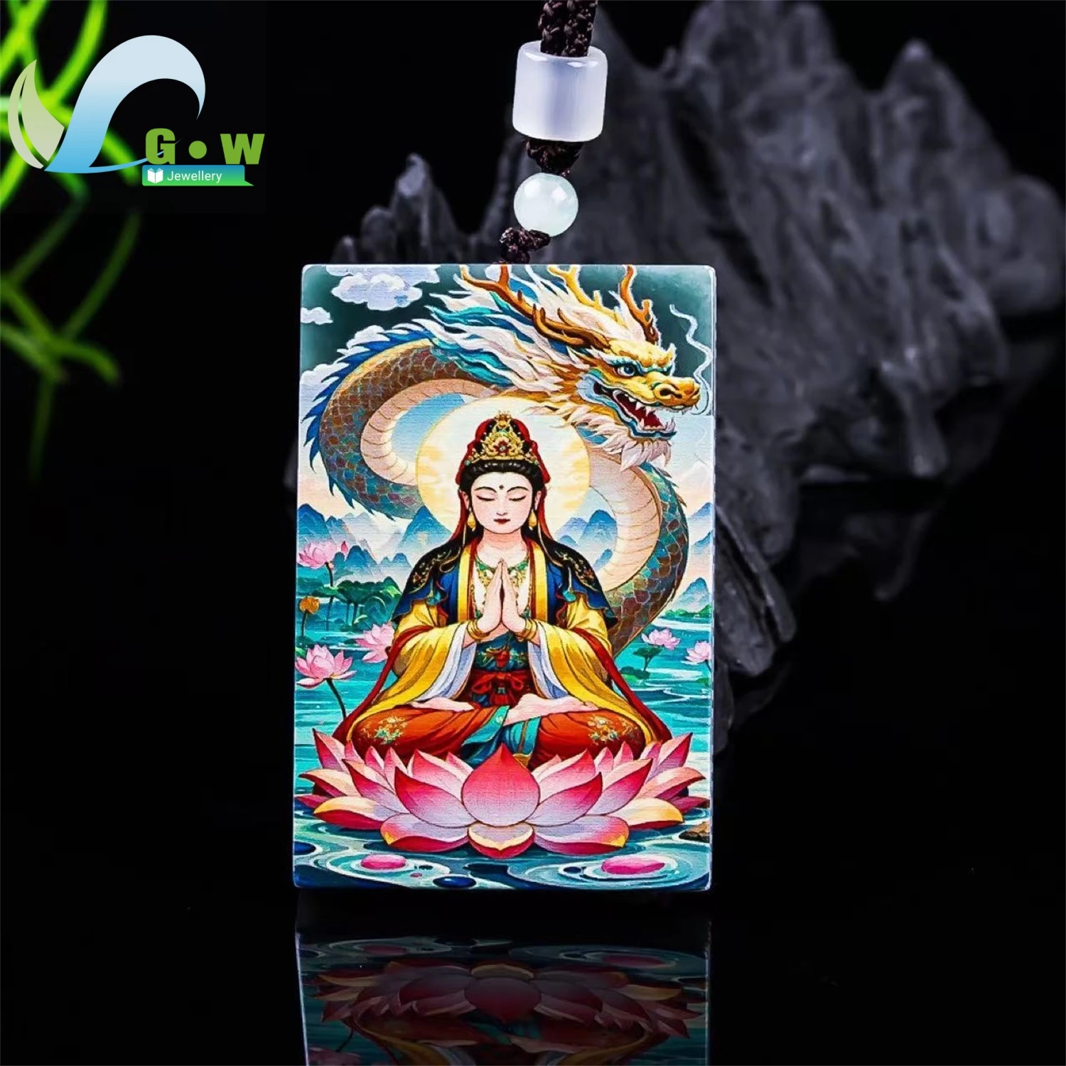Natural Grade A Jadeite High Ice Old Material Guanyin Plaque Pendant Hanging Necklace Unisex Fine Art Printing Gemstone Jewelry