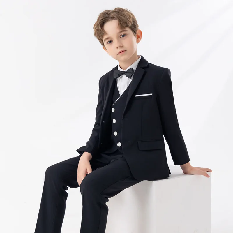 Children Burgundy Jacket Vest Pants Bowtie Photograph Suit Boys Piano Party Dress Gentleman Kids Ceremony Performance Costume