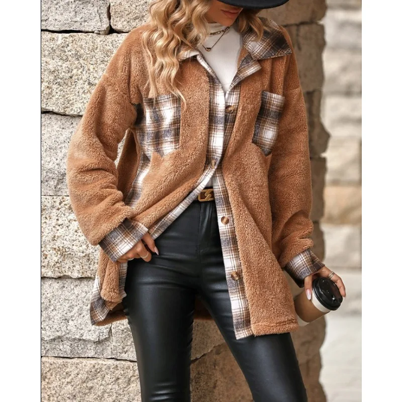 

New Women's Autumn and Winter Fashion Plush Style Suit Collar with Shoulder Sleeves Loose and Slimming Casual Versatile Shirt